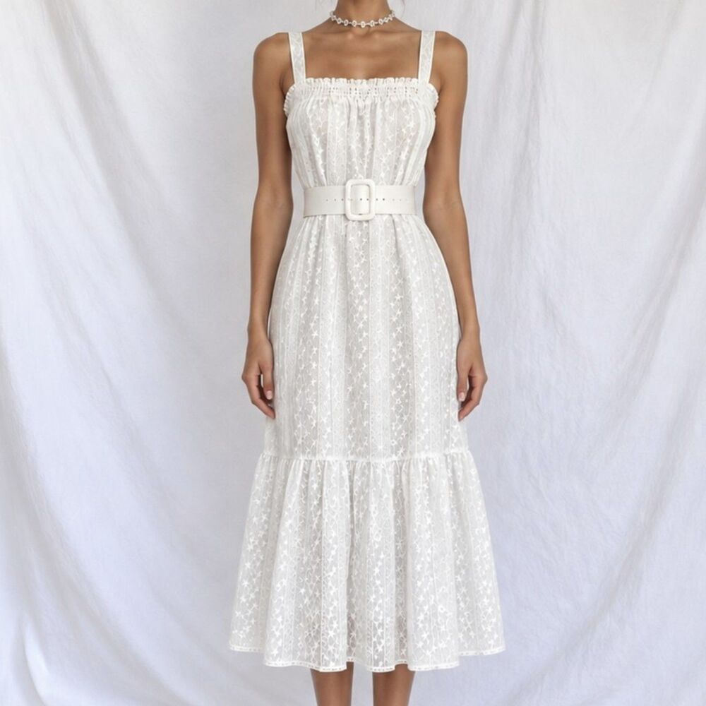 Vintage Y2K White Lace Crochet Ruffle Midi Flared Summer Cottage Dress Size S/M